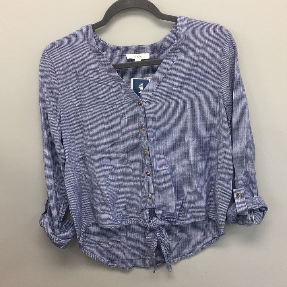 E&M | Blue Stripe Tie Front Button Shirt | S